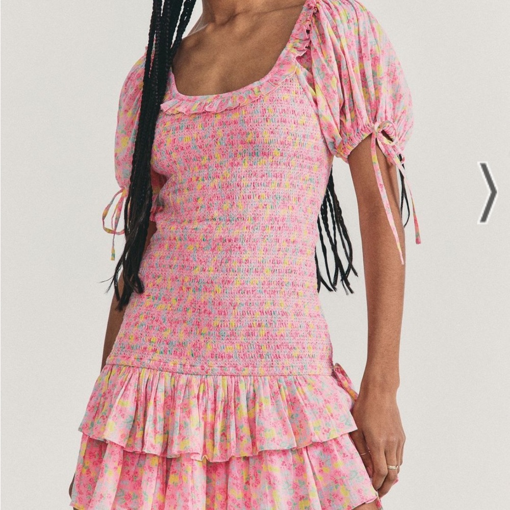 LoveShackFancy Pink Smocked Puff Sleeve Mini Dress